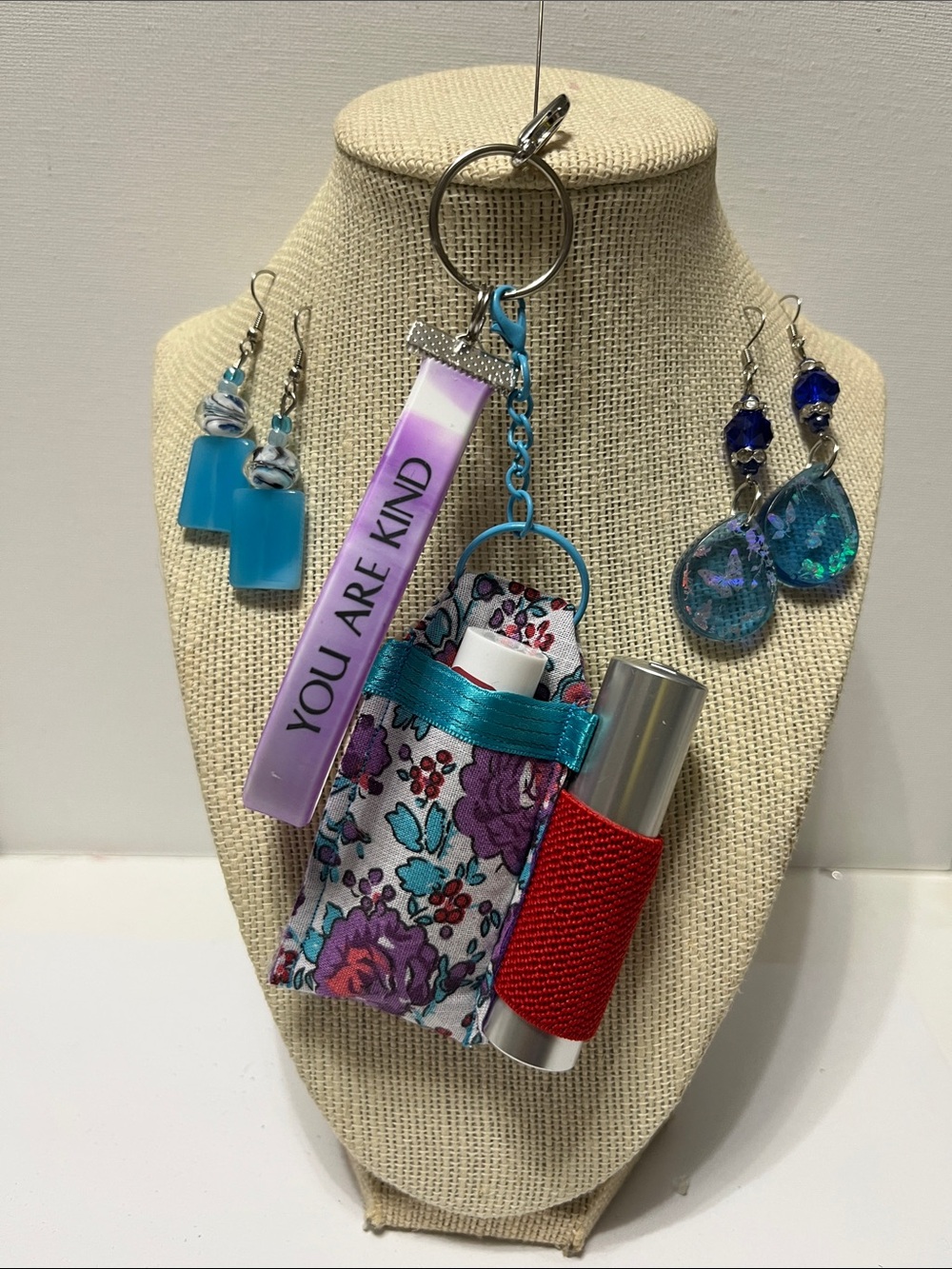 Gift Set Double Lip Balm Keychain You Are Kind' wristlet Teal Red 2 pr Earrings